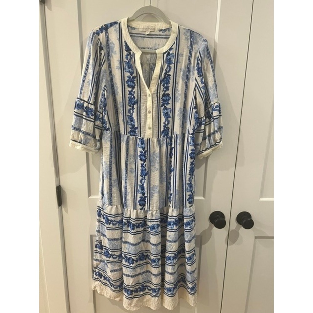 Figueroa + Flower Blue White Floral Stripe Tiered Midi Dress XL Womens Boho